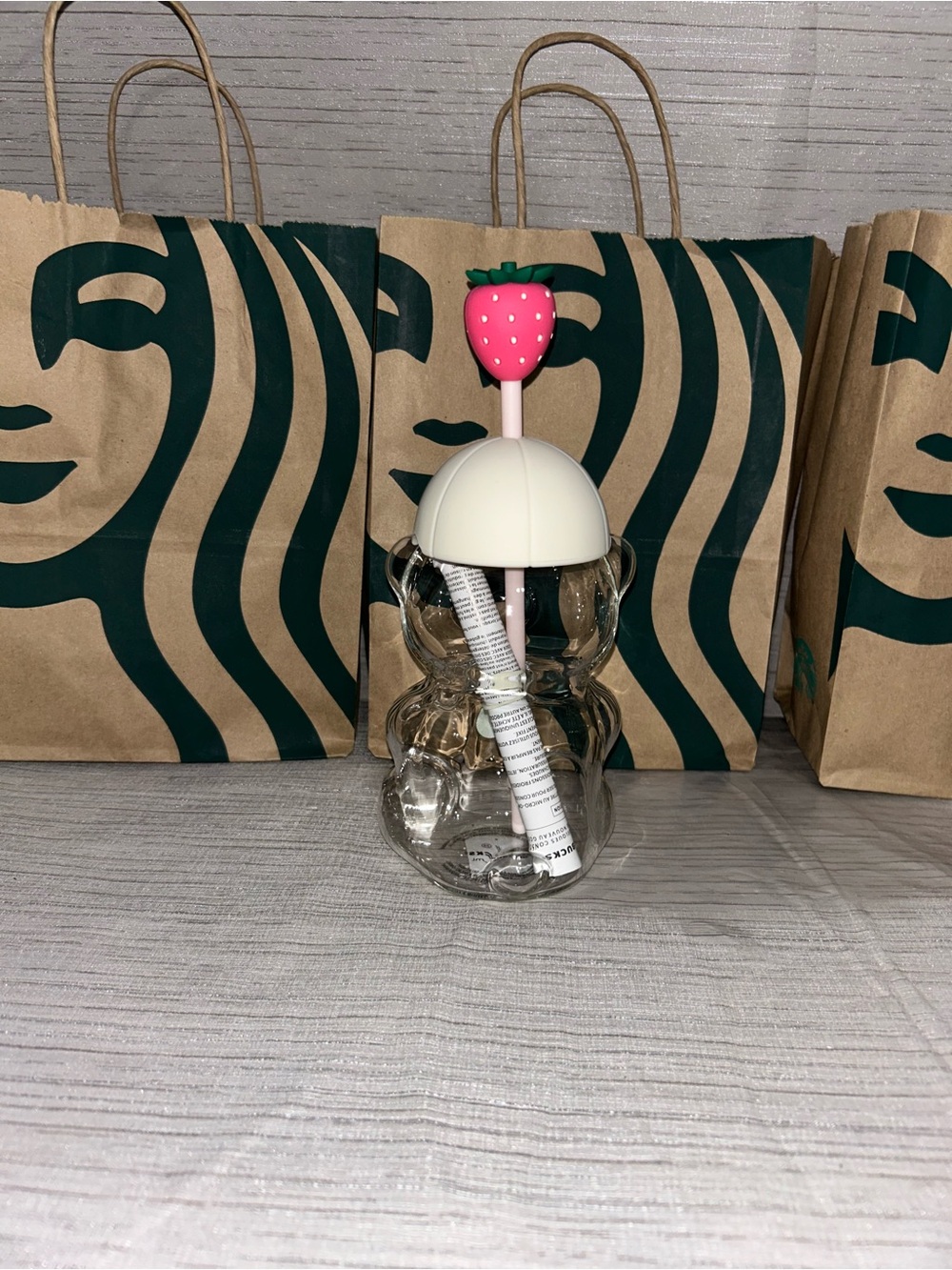 Starbucks Clear Bear Tumbler with Pink Strawberry Topper - Picture 2 of 3